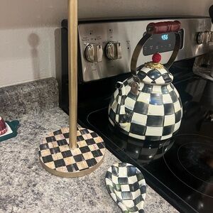 Checkered Tea Kettle and Paper Towel Holder Set